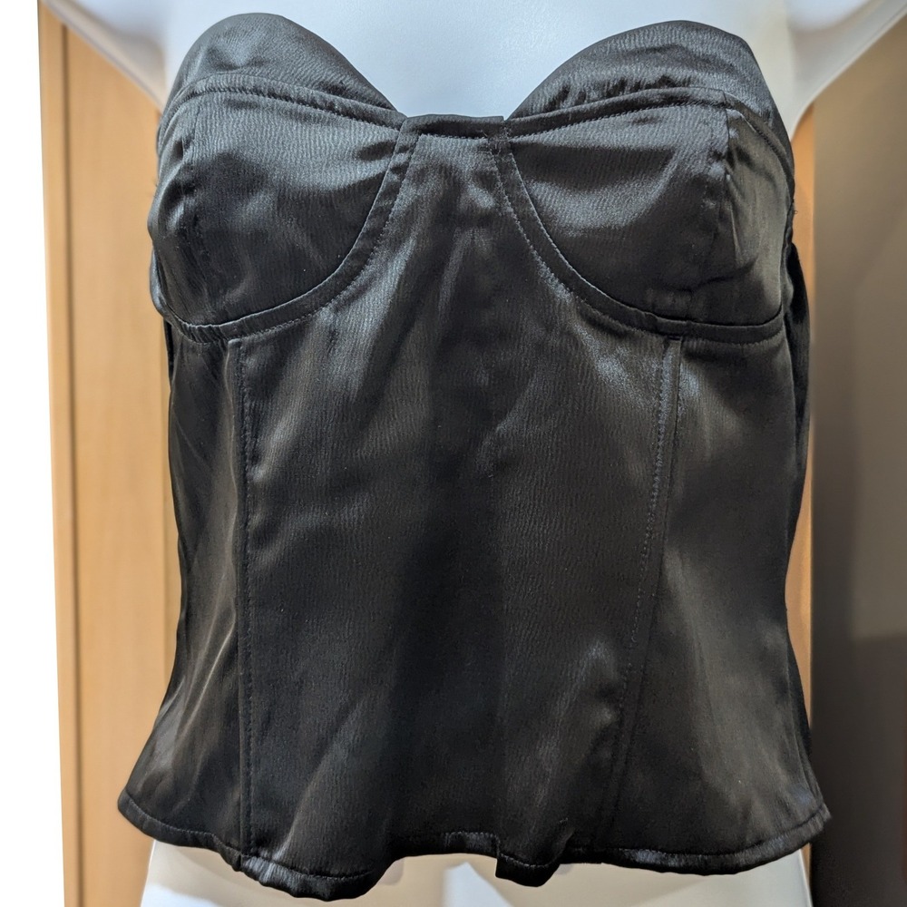 Nasty Gal Collection Black Satin Like Corset Bustier Top Strapless Zip Back US 4